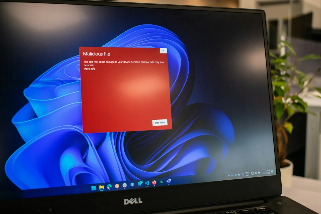 A laptop screen shows a red 'Malicious file' security warning over a blue Windows desktop.