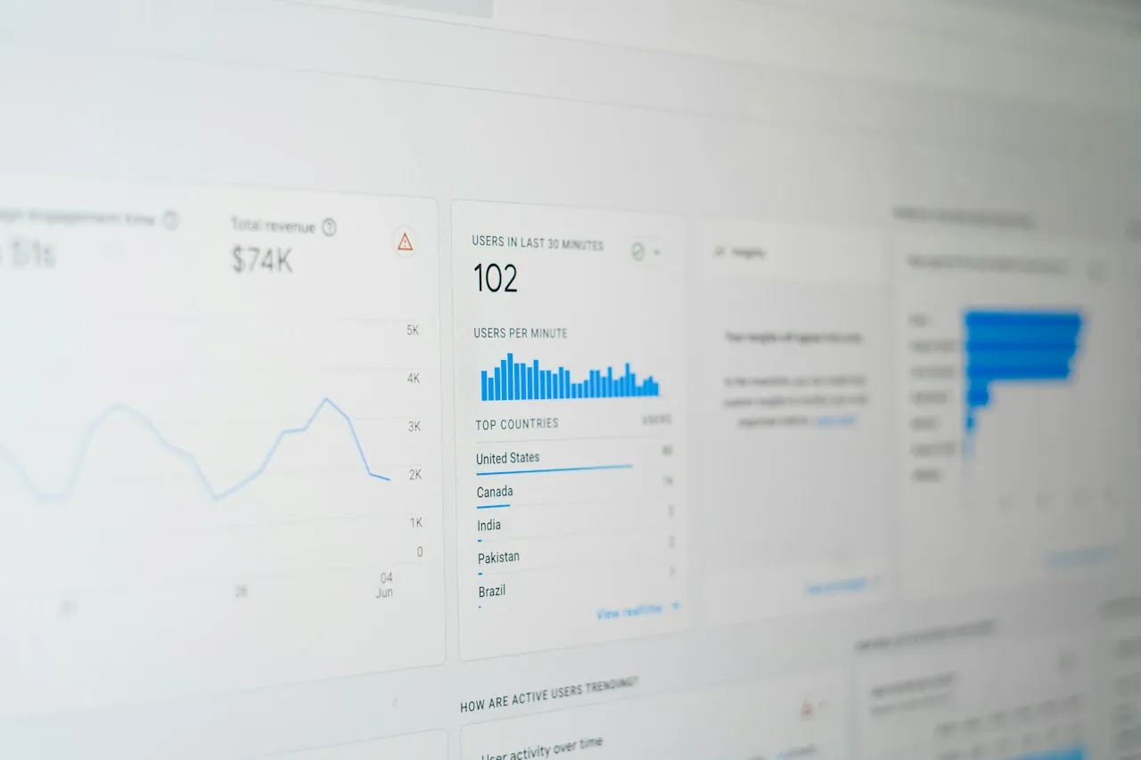 Close-up of a web analytics dashboard showing users in the last 30 minutes, a bar chart and top countries.