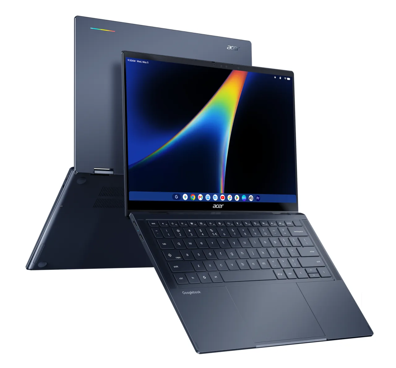 Acer’s press image of two dark blue Acer Googlebook 14 laptops: one open and facing the viewer with a rainbow wallpaper on screen and the word Googlebook on the palm rest, the other behind it showing the lid with the Acer logo and a thin multicoloured light bar.