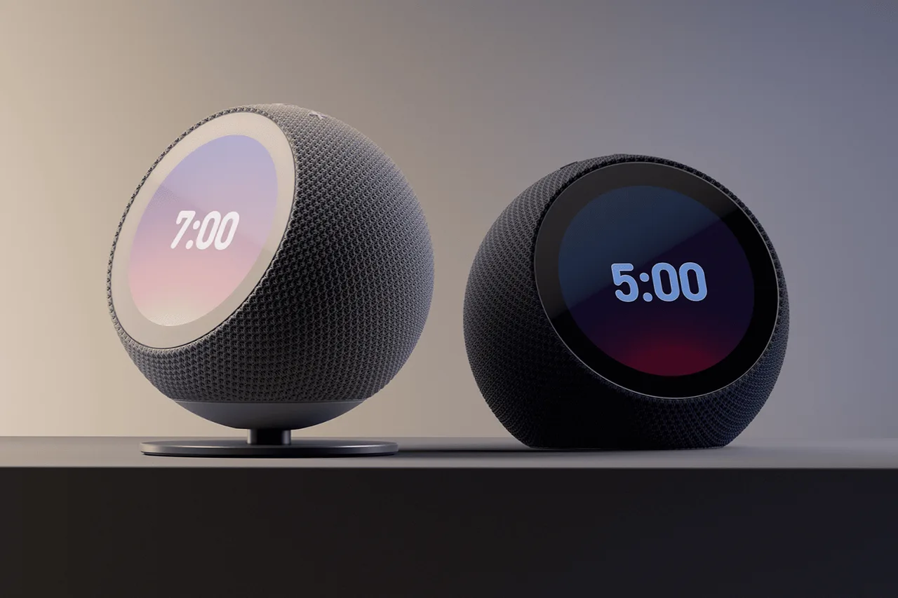 Amazon's press image of two round Echo Time clocks on a dark shelf, both with dark grey fabric. The left one, on a stand, has a pale bezel and shows 7:00; the right one shows 5:00 on a dark screen.