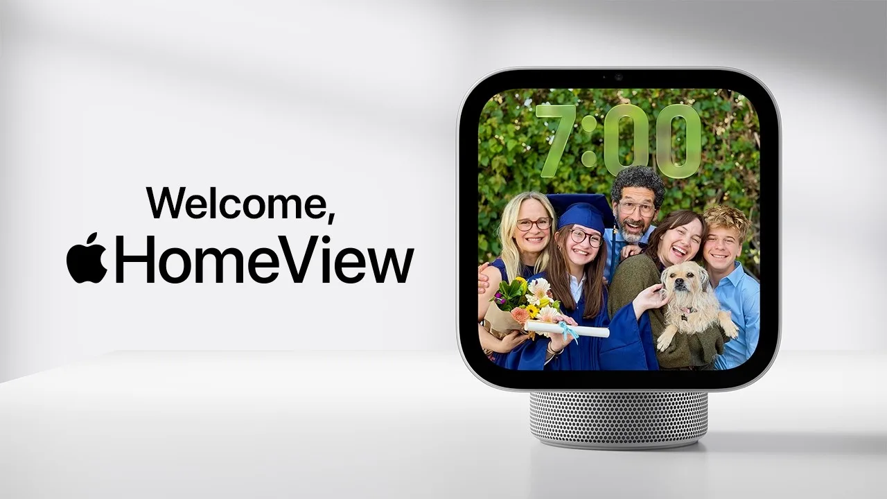 Video thumbnail with the words Welcome, HomeView beside a HomeView display. Its square screen shows a family photo with a large clock reading 7:00 over it.