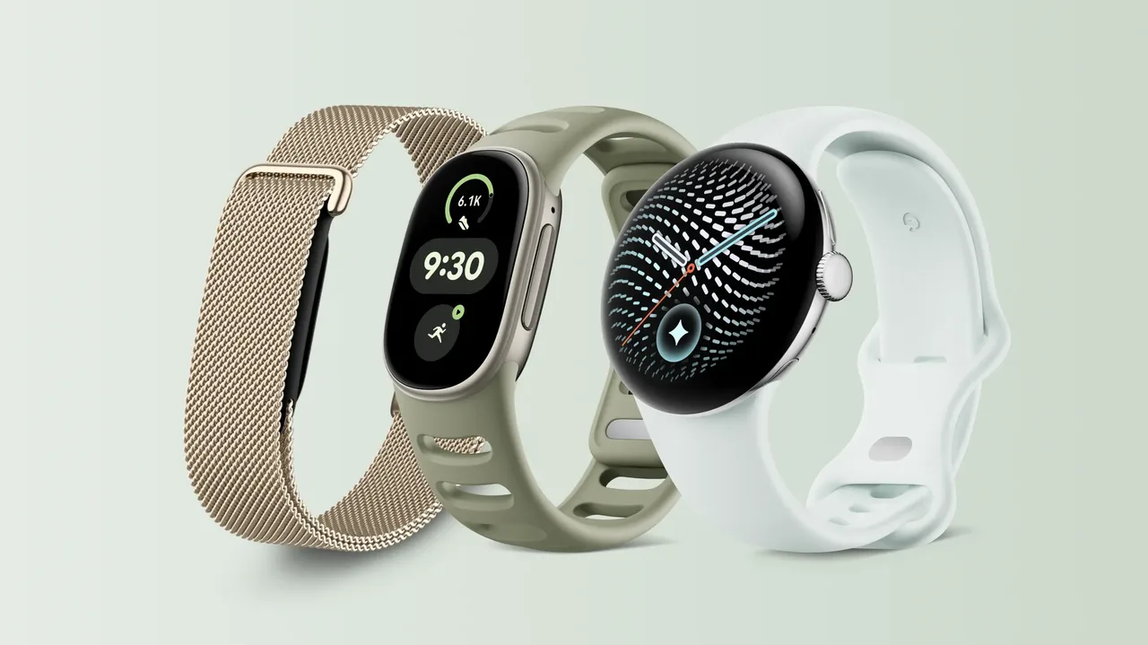 Google's press image of three wearables side by side: the screenless Fitbit Air on a gold mesh band, the Fitbit Edge with a tall narrow screen on an olive band, and the round Pixel Watch 5 on a pale band.