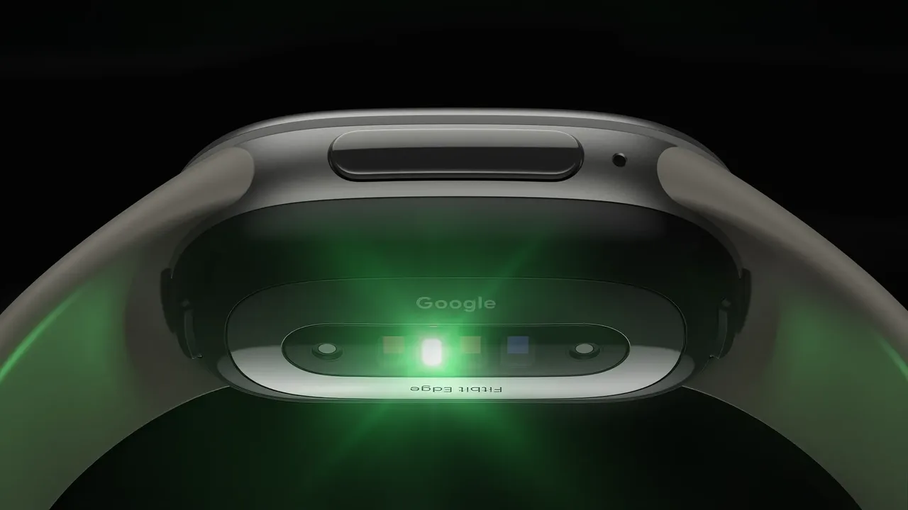 Google's press image of the underside of the Fitbit Edge, showing the sensor window with a green light, the Google name and the words Fitbit Edge, and the side button on the edge of the case.