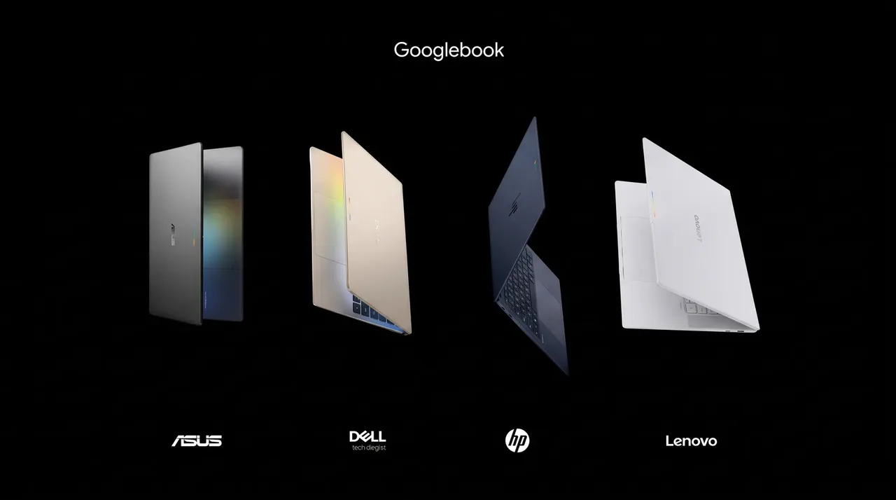Four Googlebook laptops shown half open against a black background, labelled from left to right ASUS, Dell, HP and Lenovo.