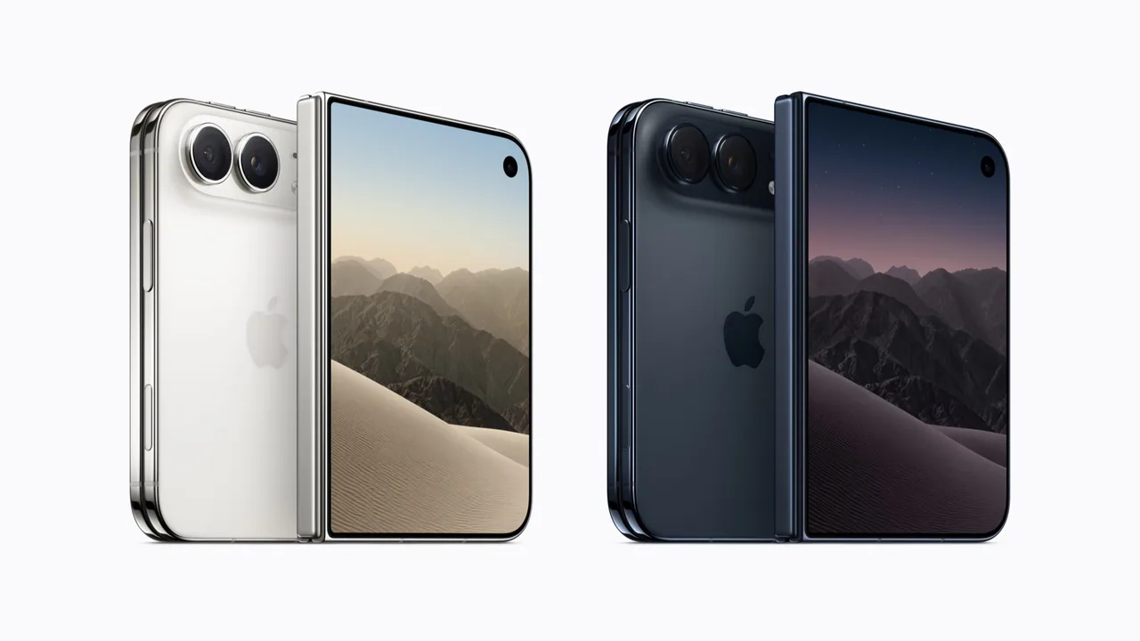 Apple's press image of the iPhone Duo in white and in dark blue. Each colour is shown twice, from the back with two camera lenses and the Apple logo, and from the front with the outer screen and a single camera cut-out.