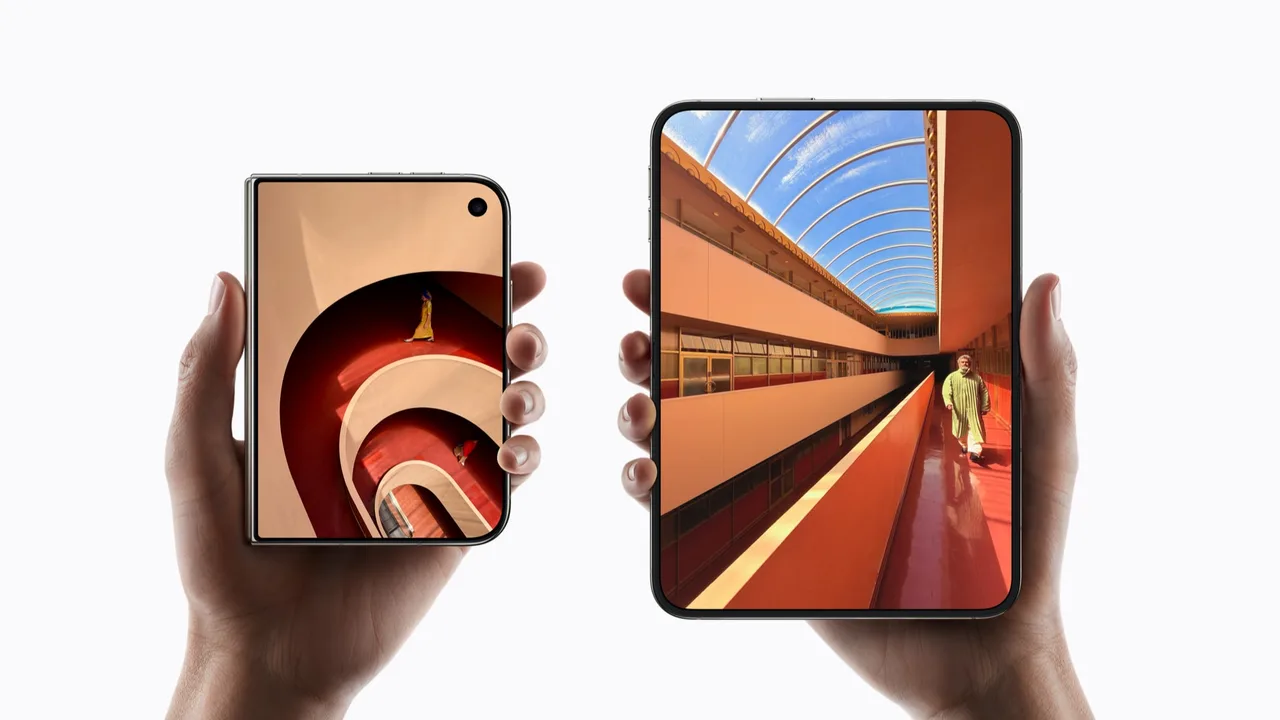 Apple's press image of two hands each holding an iPhone Duo. The left one is folded shut and shows a photo on its small outer screen. The right one is open, and its inner screen is roughly twice as wide.