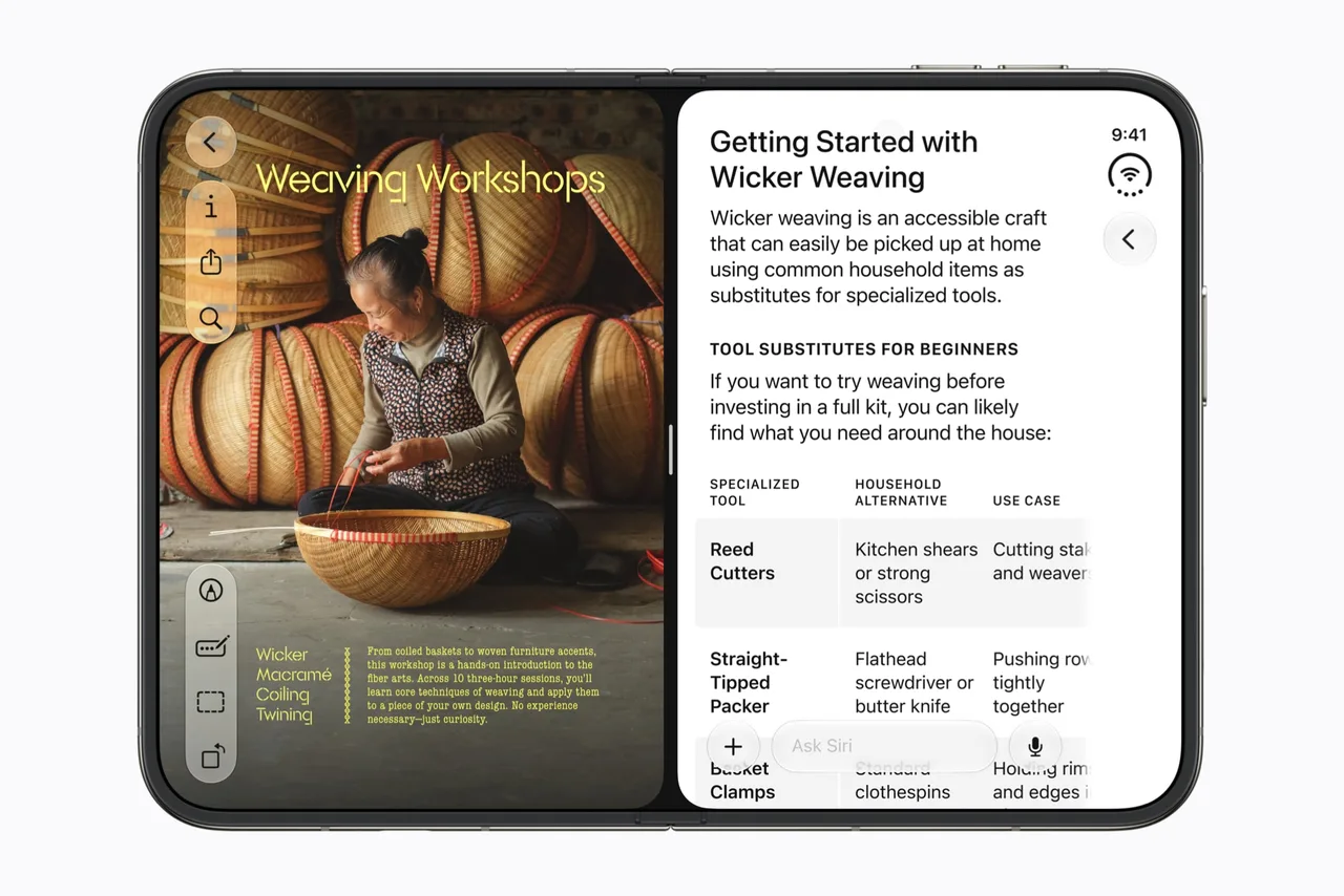 Apple's press image of an open iPhone Duo with two things on screen at once: a web page about weaving workshops on the left half, and a Siri conversation with a written guide and a table on the right half.