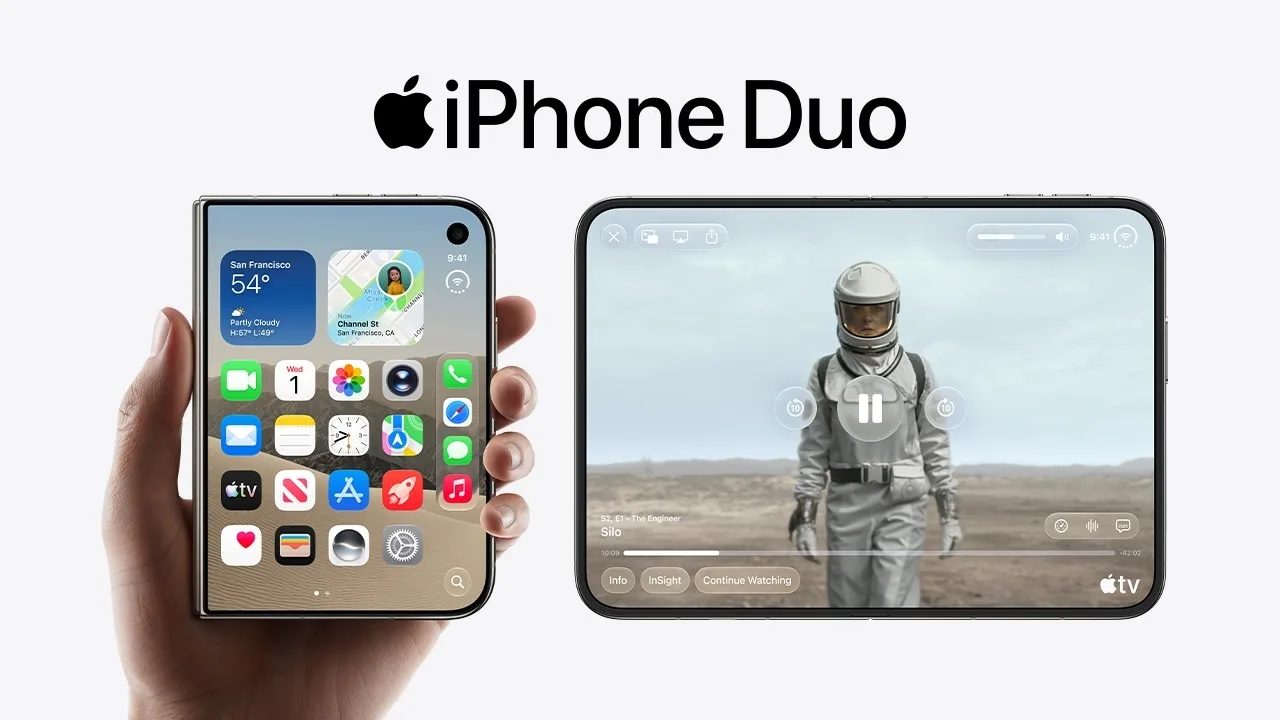Video thumbnail with the words iPhone Duo above two phones: one folded shut in a hand showing the home screen, and one open and turned sideways playing a film.