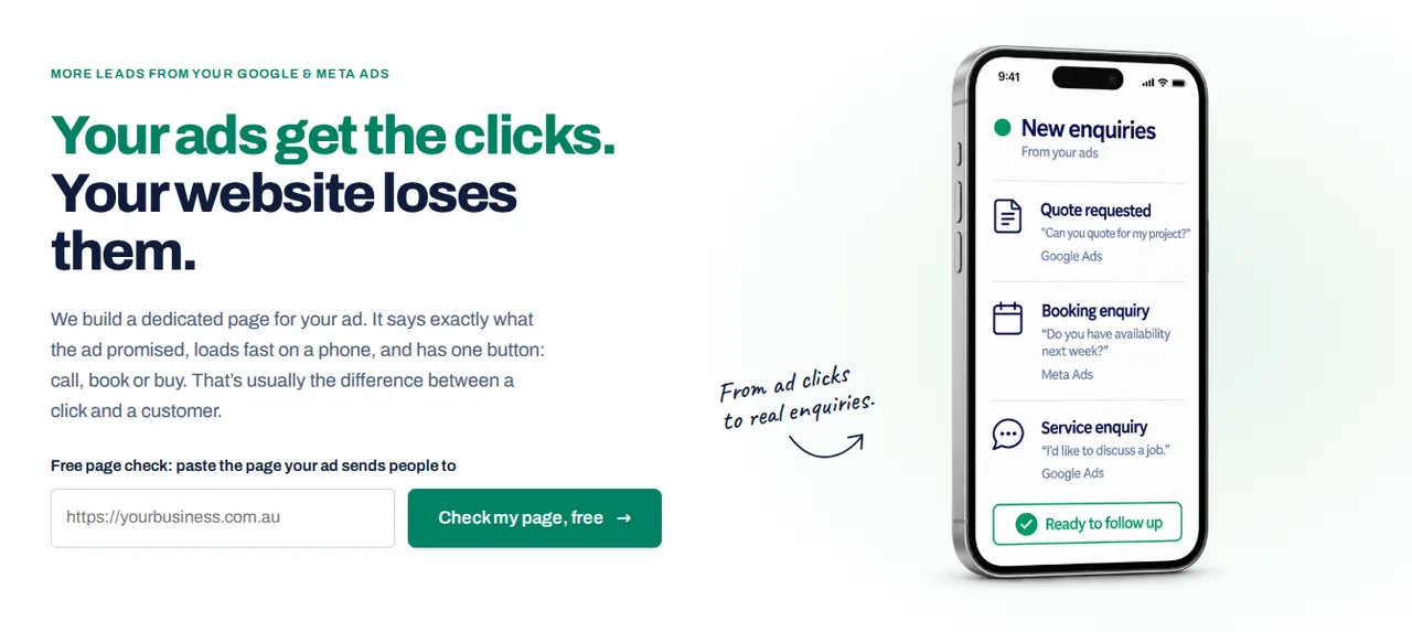 The AdPages home page, with the headline 'Your ads get the clicks. Your website loses them.', a free page check box and a phone showing new enquiries from Google Ads and Meta Ads.