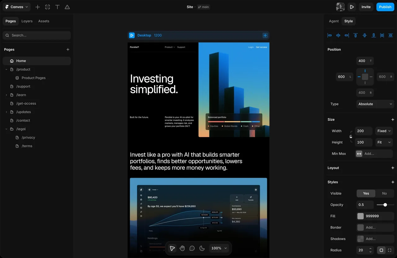 The Framer editor, with a list of site pages on the left, a desktop page design in the centre and position, size and style settings on the right.