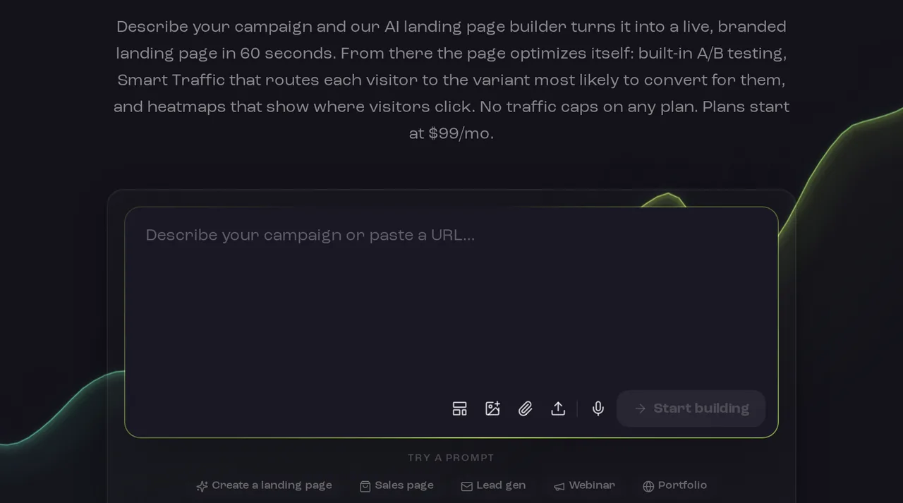 The Leadpages home page, with a large prompt box reading 'Describe your campaign or paste a URL' above suggested prompts for a landing page, sales page, lead gen, webinar and portfolio.