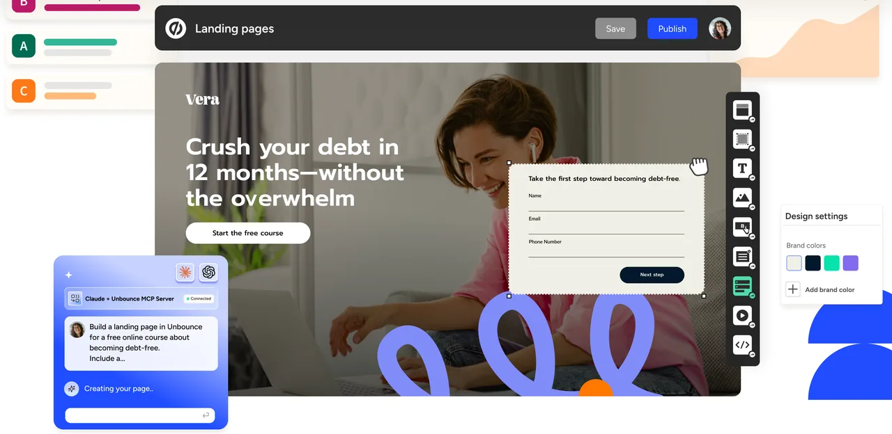 The Unbounce page editor, showing a landing page with a headline, a sign-up form being dragged into place, a toolbar of page elements and a brand colour panel.