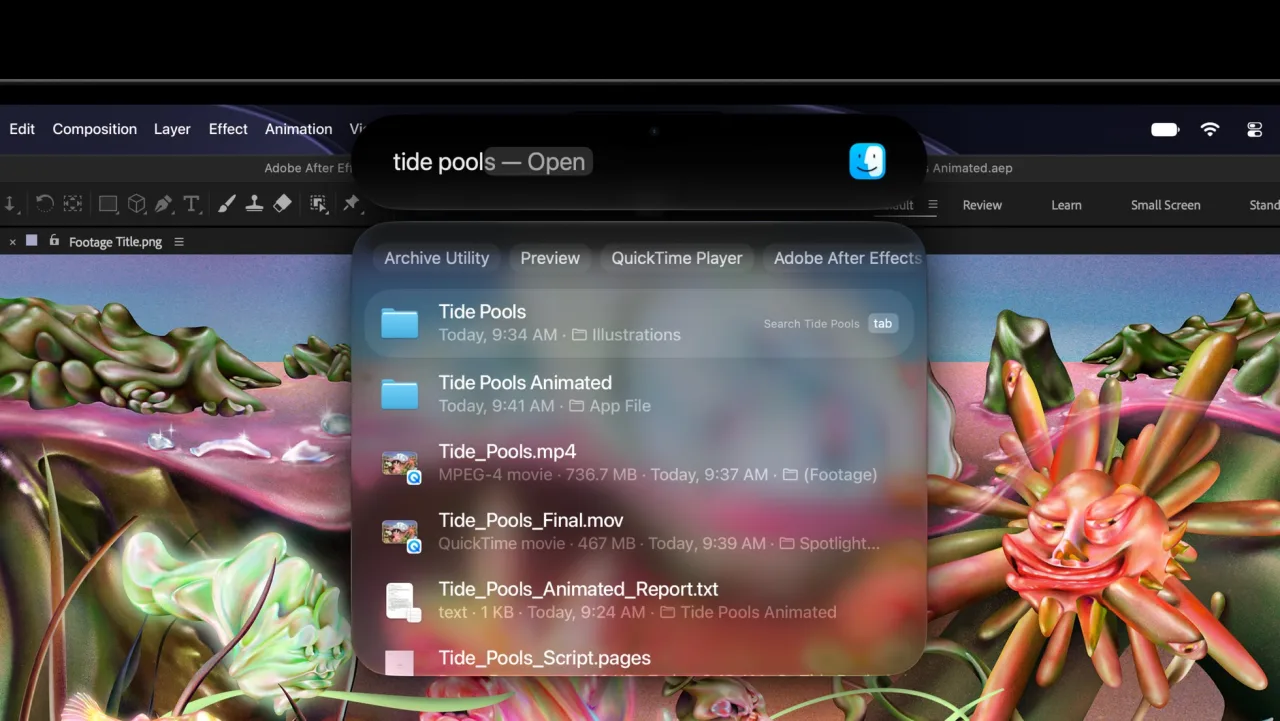 Apple's press image of the top centre of a MacBook Pro screen, where the black Dynamic Island has expanded into a Spotlight search panel listing results for tide pools, over Adobe After Effects.