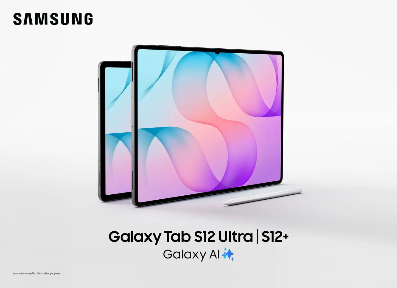 Samsung's press image showing the Galaxy Tab S12 Ultra in front of the smaller S12+, with an S Pen and colourful screens.