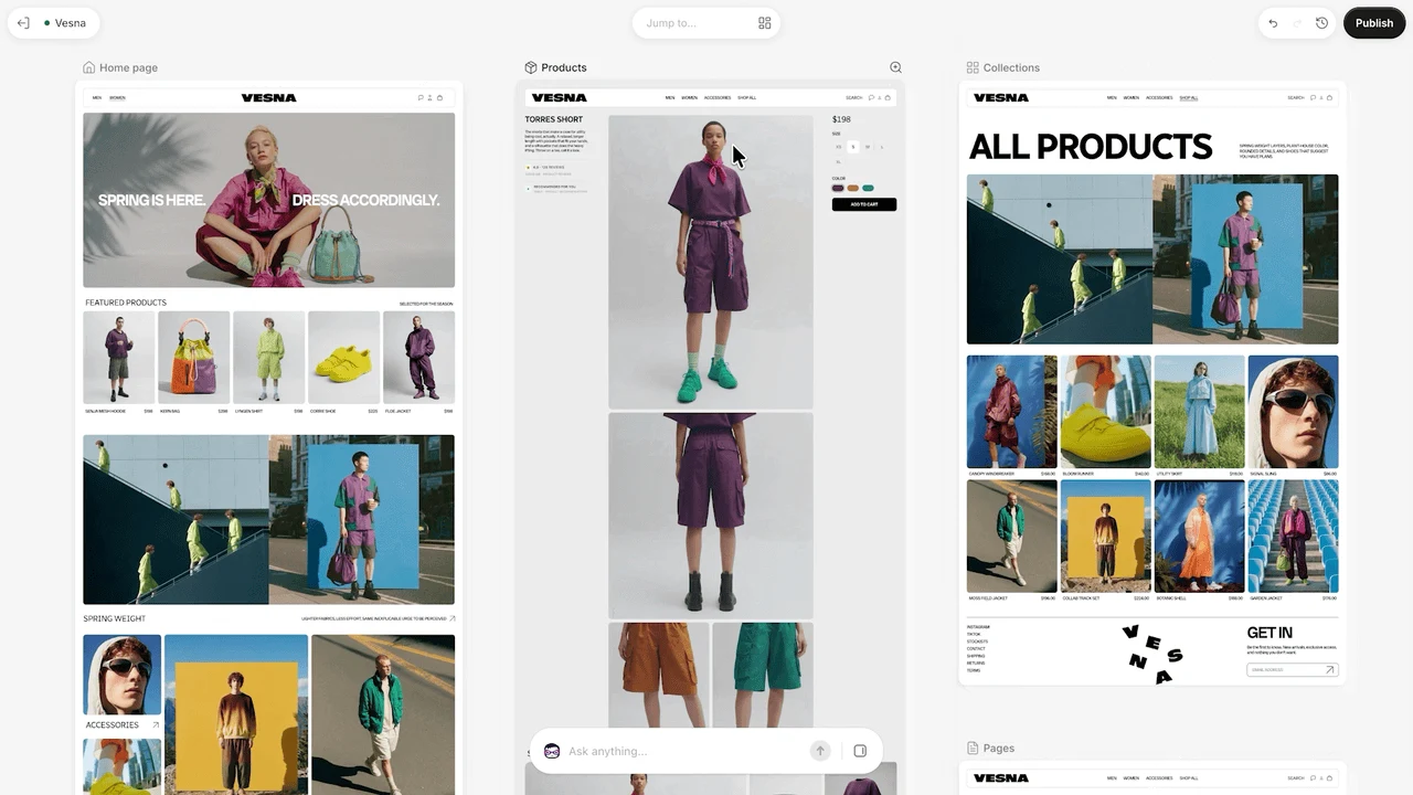 Shopify's Canvas demonstration displays VESNA home, product and collection templates side by side, with a Sidekick input bar at the bottom.