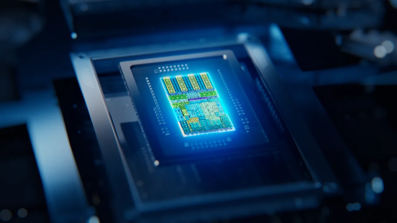 A close-up render of a glowing, multicoloured chip on a dark circuit board.