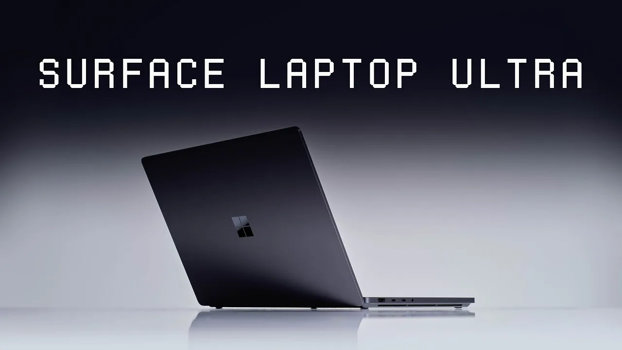 Surface Laptop Ultra open at an angle, seen from behind, under the words SURFACE LAPTOP ULTRA.