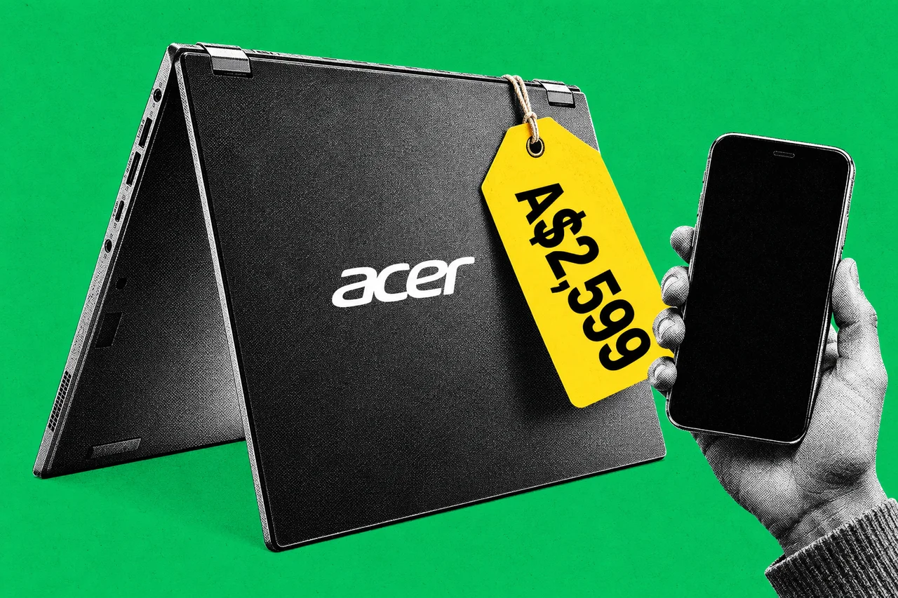a halftone convertible laptop folded backwards into a tent shape, beside a halftone hand holding a smartphone. a bright yellow swing price tag hanging from the laptop's hinge reading "A$2,599" in bold black type, and the Acer wordmark in white on the laptop's lid