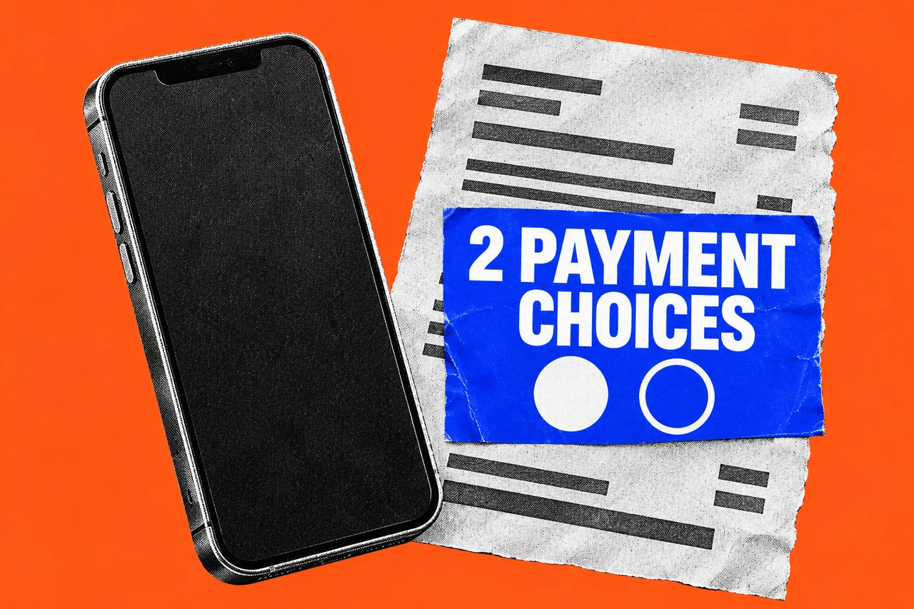 Black-and-white mobile phone and invoice on orange, with a blue label reading 2 Payment Choices.