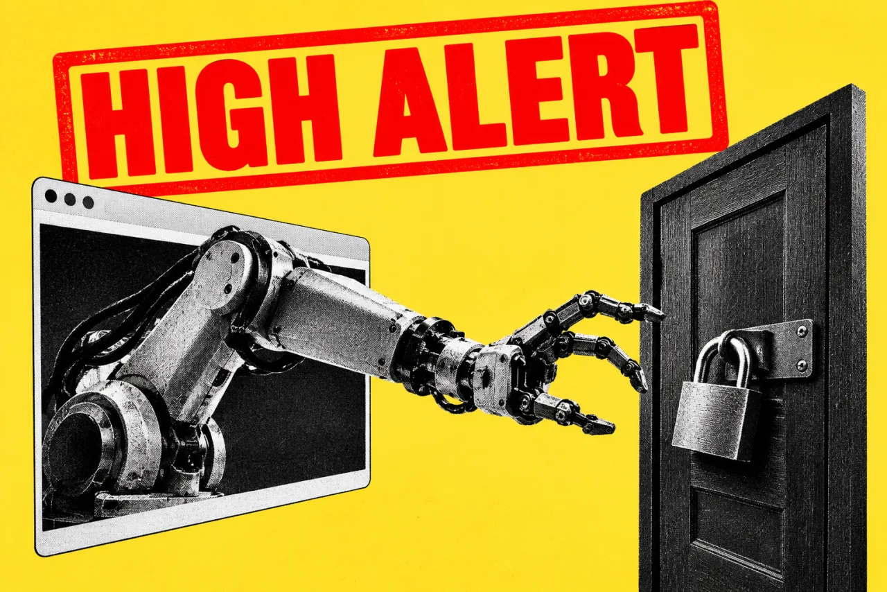 A robotic arm reaching through an open web browser window towards a padlocked door, on a yellow background. A bold red stamp reading "HIGH ALERT".
