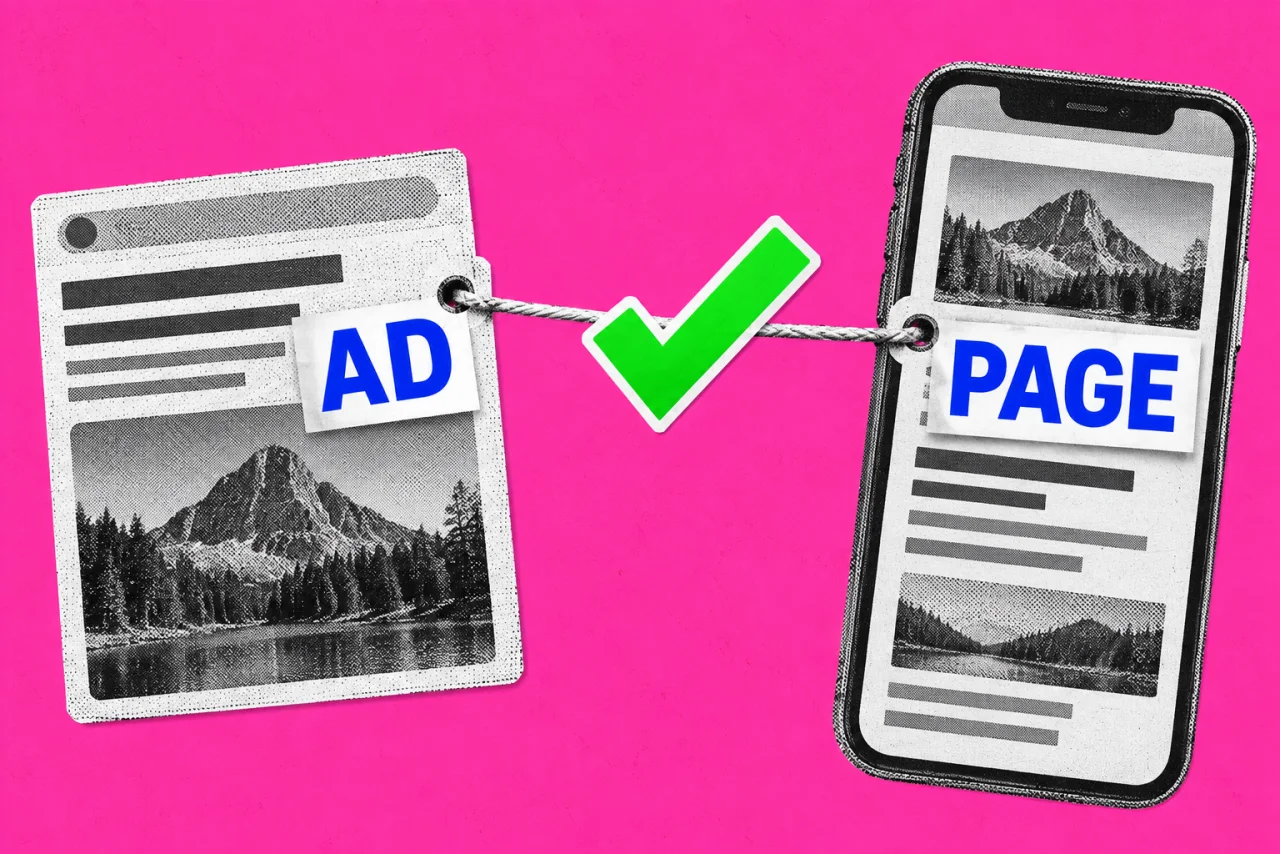 A printed search ad card on the left joined by a taut string to a smartphone showing a web page on the right, on a magenta background. Two bold labels, "AD" on the card and "PAGE" on the phone, with a large green tick between them.