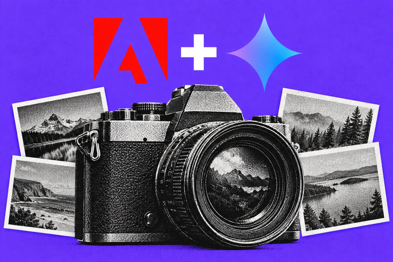 A camera and a small stack of photo prints, on a violet background. The red Adobe logo and the Google Gemini sparkle logo side by side, joined by a bold white plus sign.