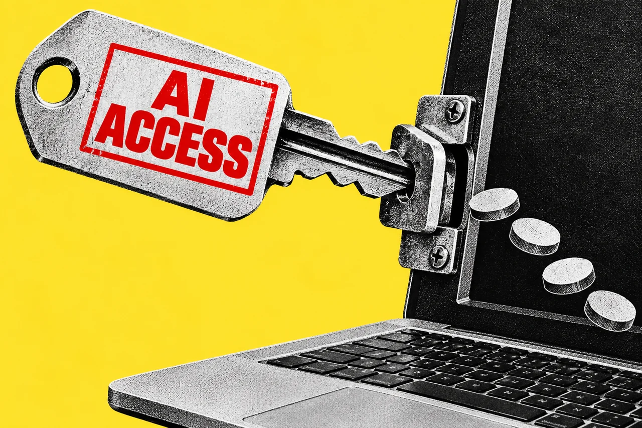 An oversized halftone key stamped “AI ACCESS” in red unlocks a latch on a laptop, with four plain tokens trailing beside the screen on a yellow background.
