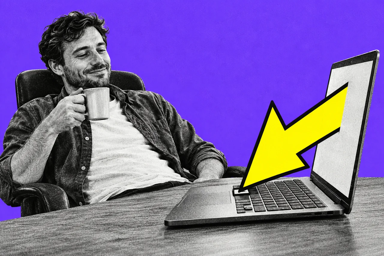 a halftone cut-out of a man in his thirties at a home office desk, leaning back in his chair with a mug of tea and watching his open laptop, as a giant mouse-pointer arrow reaches out of the laptop screen and presses a key on the laptop's own keyboard. the giant mouse-pointer arrow is the only full-colour element, bright yellow with a black outline; no words