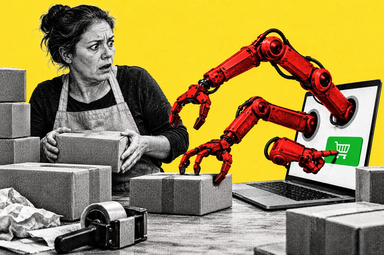 a halftone cut-out of a middle-aged Australian woman in an apron at a workbench stacked with cardboard parcels and packing tape, pausing mid-pack to stare at a halftone laptop beside her, out of whose screen three halftone robot arms are reaching towards the parcels. the three robot arms are the only full-colour objects, bright red, and the laptop screen shows a simple full-colour green online-shop checkout button they are pressing