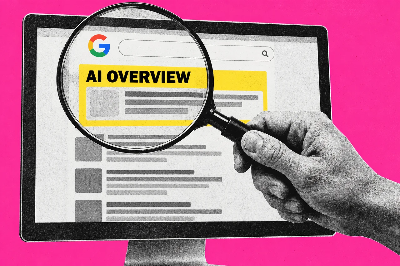 a black-and-white halftone desktop computer monitor showing a search results page, with a halftone hand holding a magnifying glass over the top of the screen, on a flat magenta background. the full-colour Google 'G' logo beside the search bar, and a bright yellow panel at the top of the results reading "AI OVERVIEW"