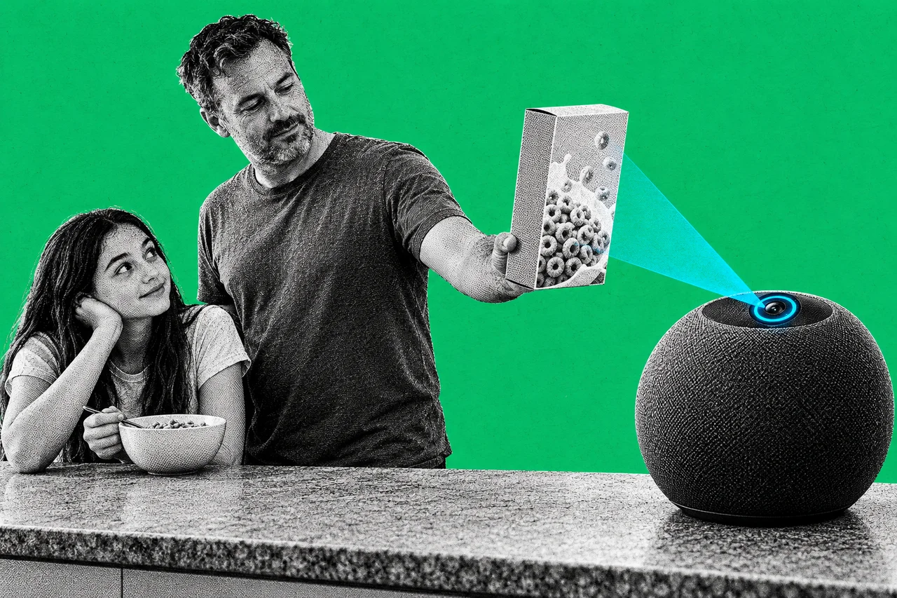 a halftone Australian kitchen bench seen side-on, with a halftone man in his forties in a T-shirt holding up a box of breakfast cereal at arm's length towards a large round smart speaker sitting on the bench, while a halftone teenage girl at the end of the bench looks up from her bowl, curious. a single round camera lens on top of the speaker that glows full-colour cyan blue, with a thin cyan beam fanning out from it onto the cereal box; the only full-colour element, with no words