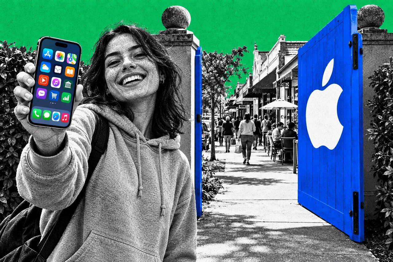 a halftone cut-out of a young Australian woman in a hoodie standing on a suburban footpath, holding up her phone and grinning, in front of a tall halftone garden gate that has just swung wide open onto a busy halftone street of small shopfronts. the wide-open gate is the only full-colour object, painted bright blue with a large white Apple logo on it, and her phone screen shows a bright full-colour grid of app icons