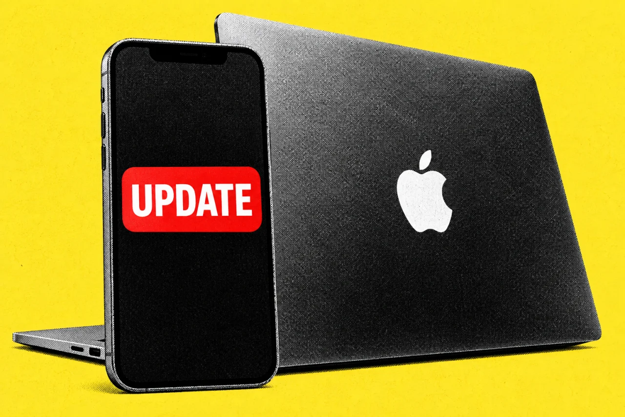 An iPhone standing in front of an open MacBook, on a yellow background. The white Apple logo on the MacBook lid and a bright red badge on the iPhone screen reading "UPDATE".