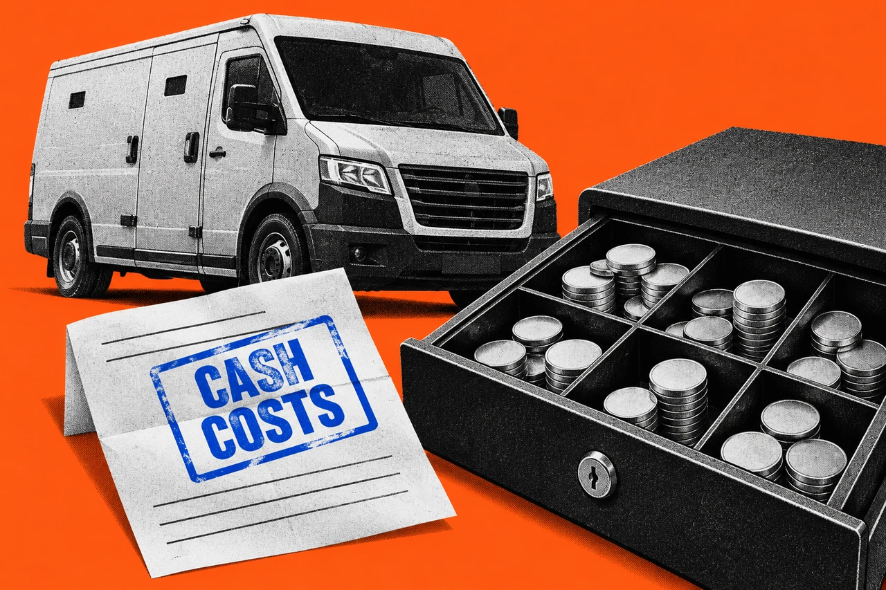 Halftone cash-delivery van beside a till full of unmarked coins and a paper bill stamped CASH COSTS in blue, on orange.
