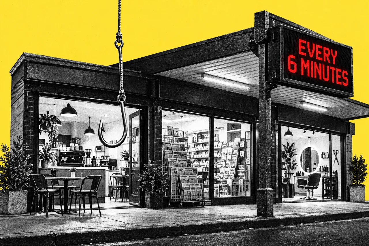 a halftone suburban Australian shopping strip seen from the footpath at dusk, with a small café, a newsagent and a hairdresser side by side under a shared awning, their windows lit, and a long halftone fishing line with a large steel hook dangling down from the sky into the café's open doorway. a bright red digital street clock mounted on the awning post, glowing in full colour and reading "EVERY 6 MINUTES"; the only full-colour element and the only readable words