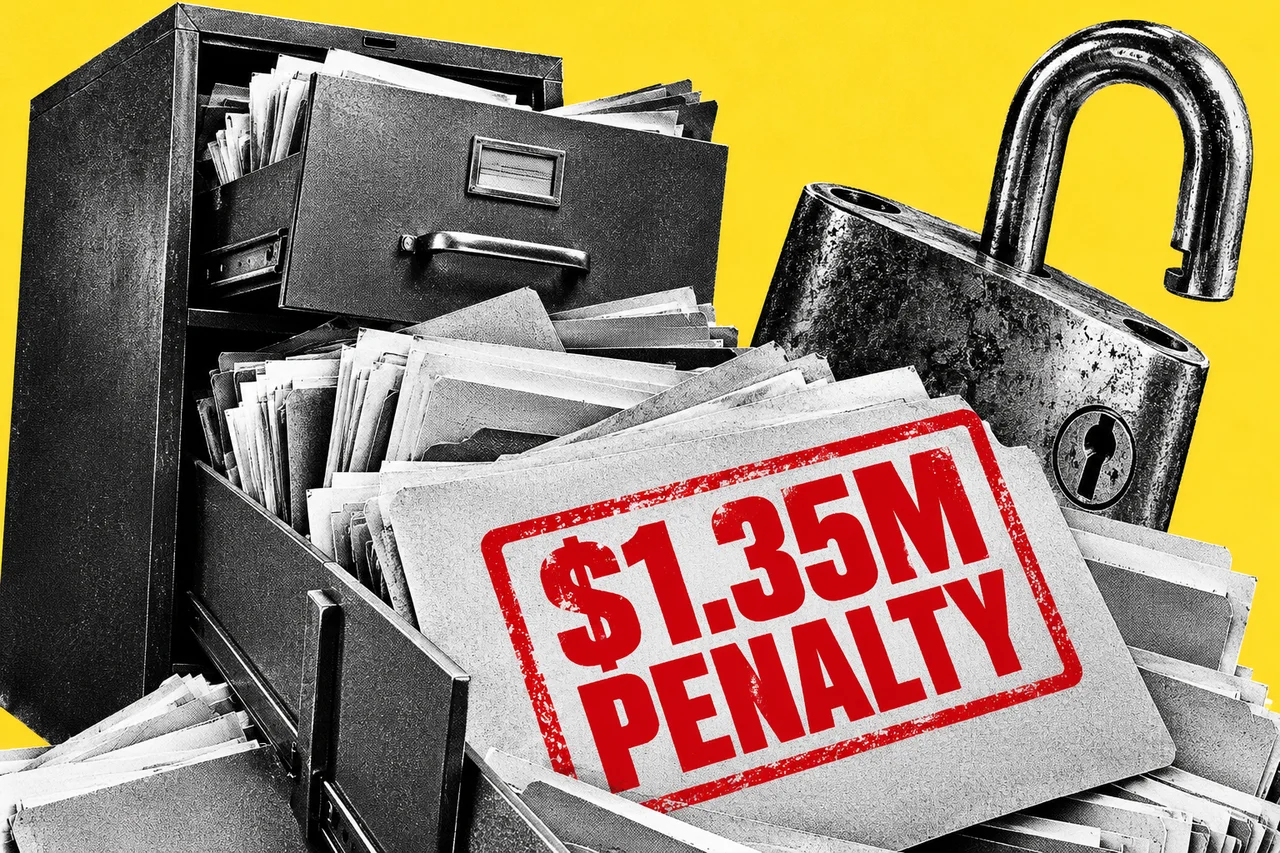 a halftone metal filing cabinet with its drawers pulled open and client folders spilling out, beside a large halftone open padlock. a bold red rubber stamp across the folders reading "$1.35M PENALTY"