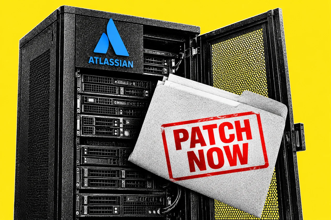Halftone server cabinet with an Atlassian logo and an open door, with a file folder stamped PATCH NOW against a yellow background.