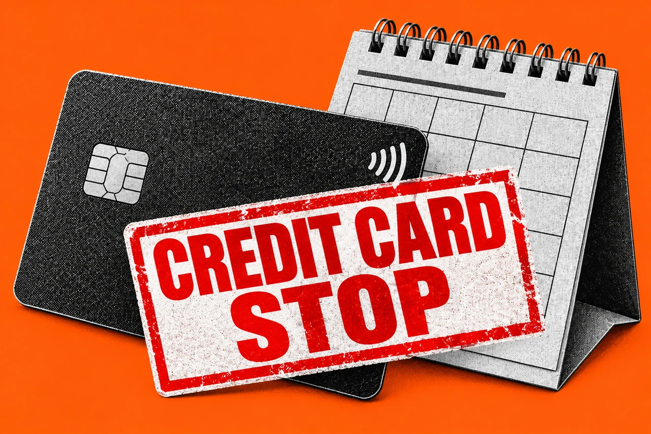 Halftone credit card and blank payment-plan calendar on orange, with a red CREDIT CARD STOP stamp.
