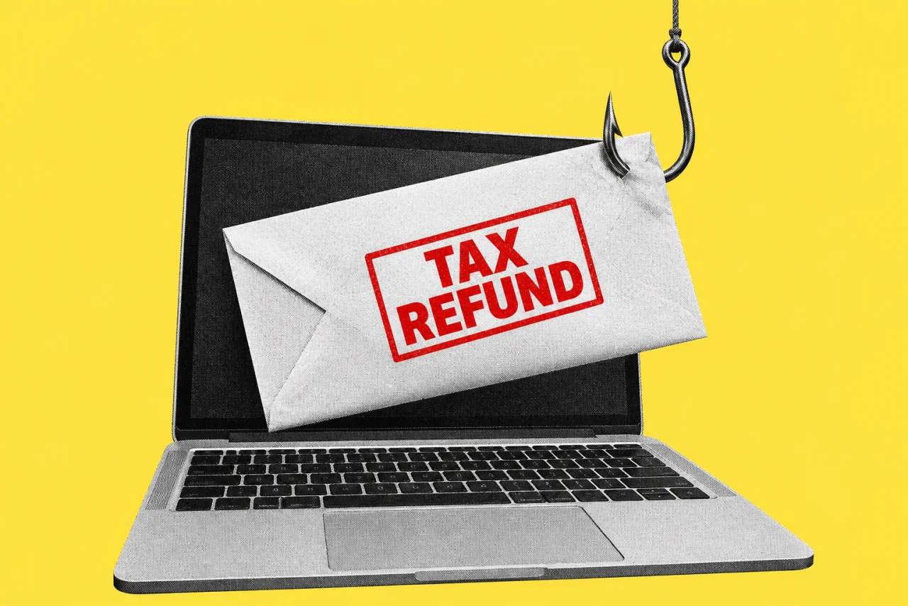 A laptop, with a paper envelope coming out of its screen, the envelope caught on a large steel fishing hook with its line running out of the top of the frame, on a yellow background. A bold red stamp on the envelope reading "TAX REFUND".