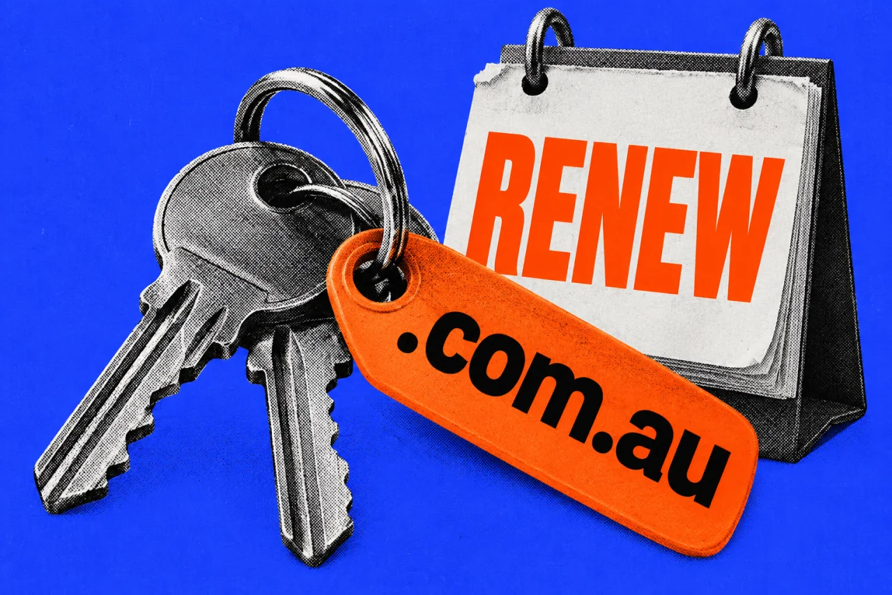 A set of keys on a keyring with a tear-off desk calendar behind, on a cobalt background. A bright orange key tag reading ".com.au" and the calendar page reading "RENEW".