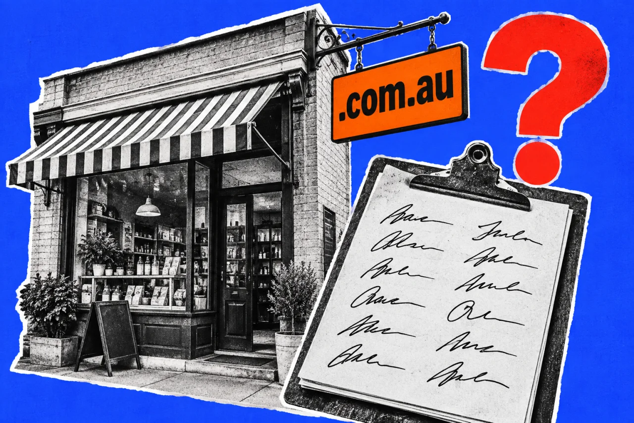 A small shopfront with a hanging sign, and a clipboard petition with rows of signatures, on a cobalt background. The shop sign reads ".com.au" with a huge red question mark beside it.