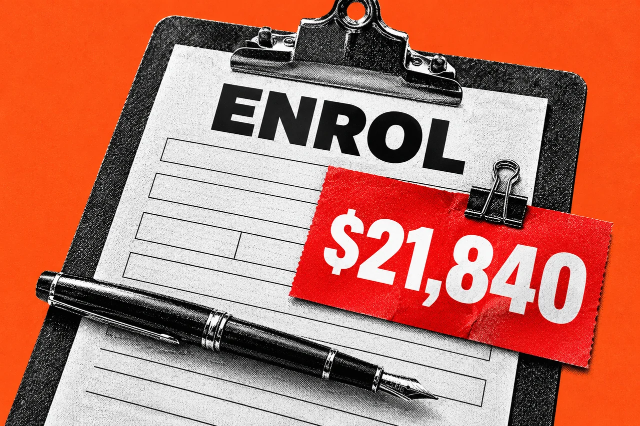 a black-and-white halftone clipboard holding a halftone paper form, with a halftone fountain pen lying across it. the form's heading reading "ENROL" in bold black capitals, and a bright red penalty ticket clipped to the clipboard reading "$21,840" in bold white type