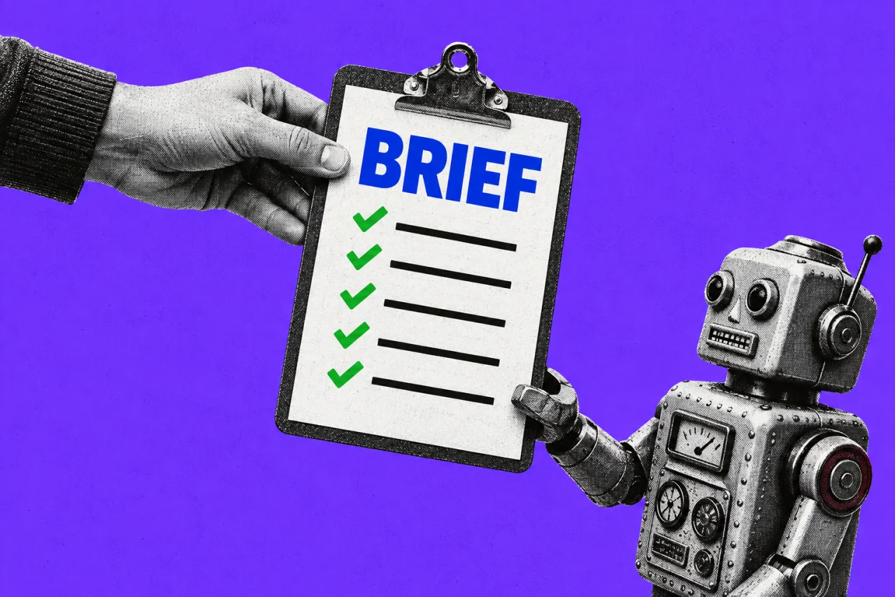 A clipboard being handed to a small robot, on a violet background. The clipboard page is titled "BRIEF" in bold with five short lines, each with a green tick.