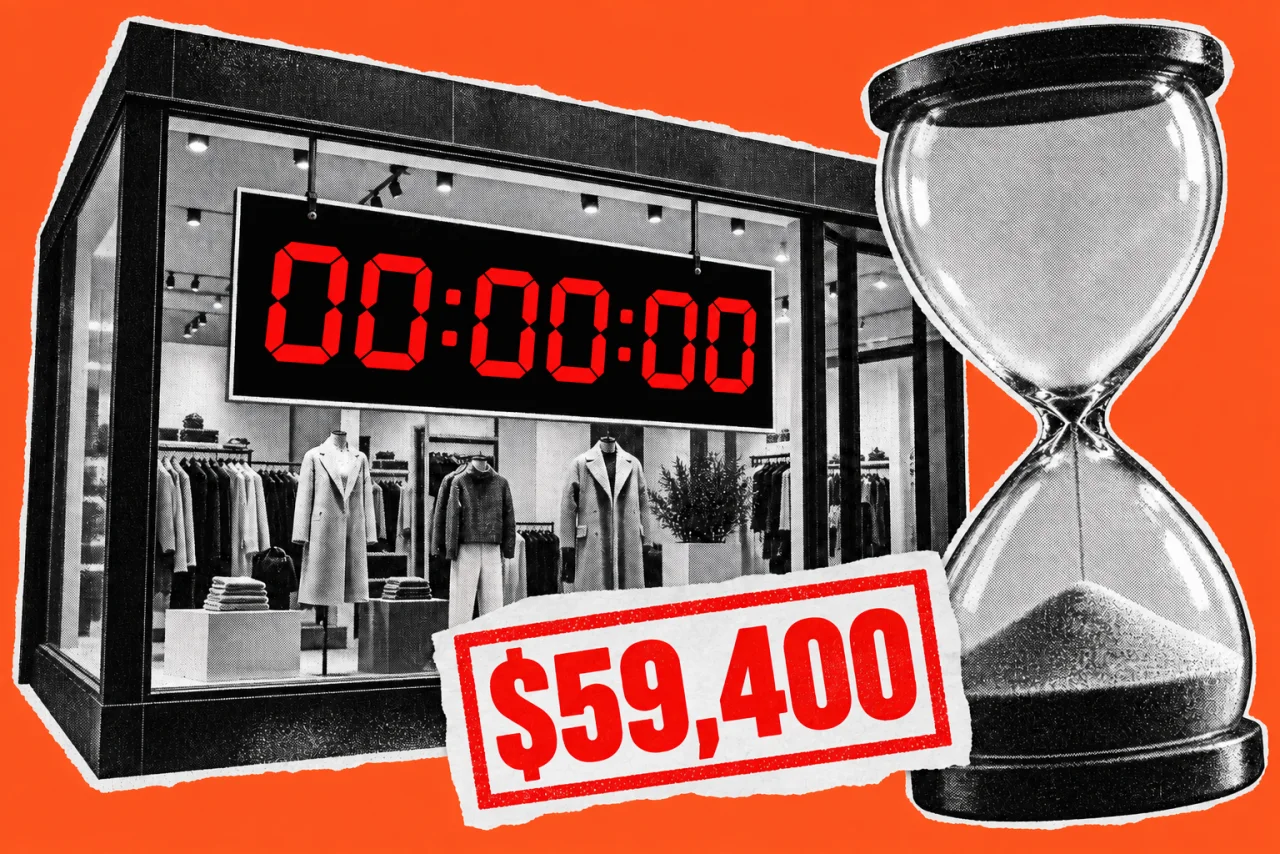 A retail shopfront window with a large sale sign and an hourglass with its sand run out, on an orange background. A large red digital countdown timer showing "00:00:00" and a bold red stamp reading "$59,400".