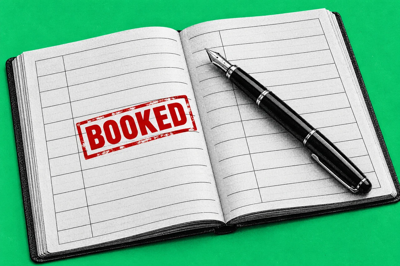 a black-and-white halftone paper appointment book lying open on a flat colour background, its page ruled into hourly time slots, with a halftone fountain pen resting across it. a full-colour red rubber-stamp impression across one time slot reading "BOOKED"