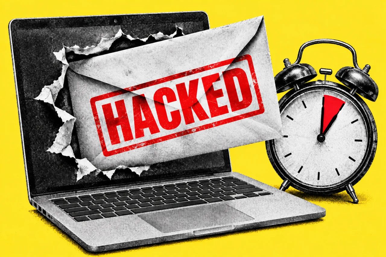 A laptop with an envelope bursting out of the screen, and an alarm clock beside it, on a yellow background. A bold red stamp on the envelope reading "HACKED" and a red arc on the clock face marking one hour.