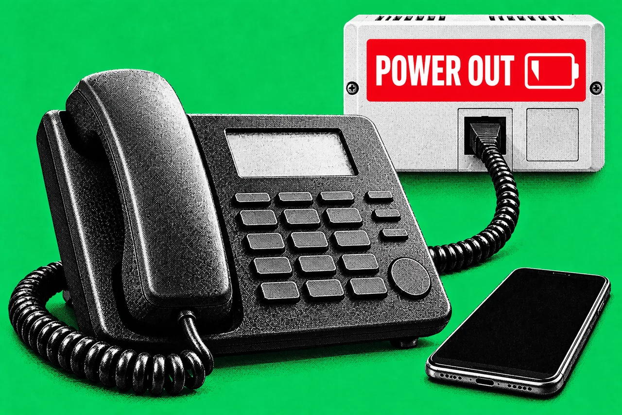 a halftone office desk telephone with its coiled cord plugged into a halftone NBN connection box on a wall, next to a halftone mobile phone lying face up. a bold red label on the connection box reading "POWER OUT" with a small red battery icon showing empty