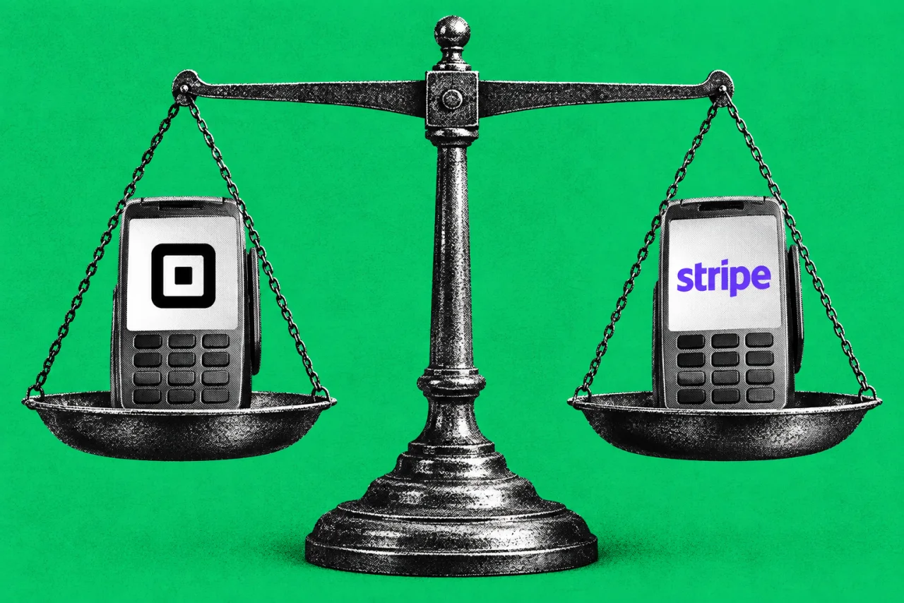 A large balance scale with a small card reader on each pan, on an emerald background. The Square logo (a black rounded square outline with a small square inside) on the left reader and the purple Stripe wordmark "stripe" on the right reader.