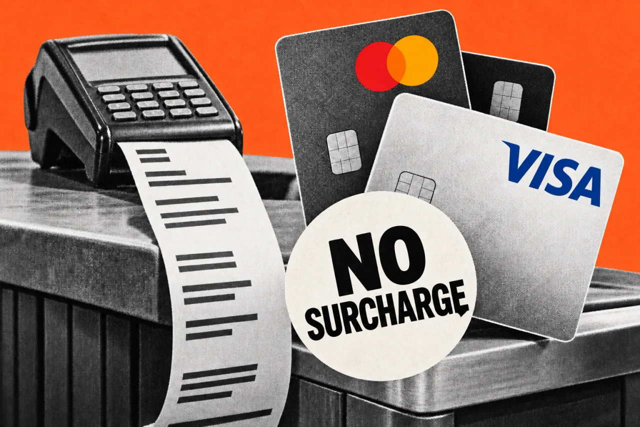 A shop counter with a long till receipt curling off it and a fan of payment cards, on an orange background. The Mastercard red-and-yellow circles and the blue Visa wordmark on the cards, and a bold round sticker reading "NO SURCHARGE".