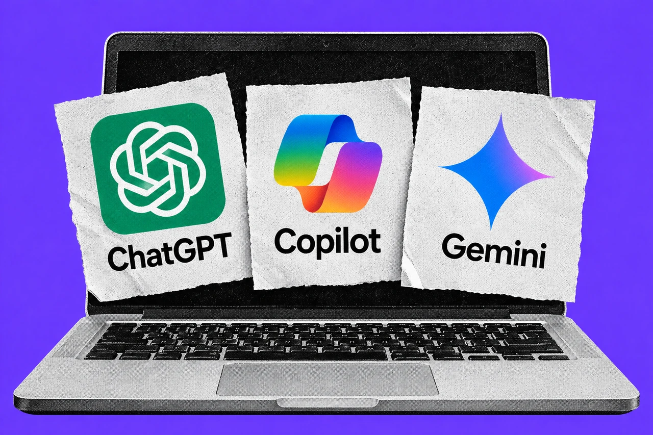 A black-and-white halftone laptop with three paper cards displaying the ChatGPT, Copilot and Gemini logos against a violet background.